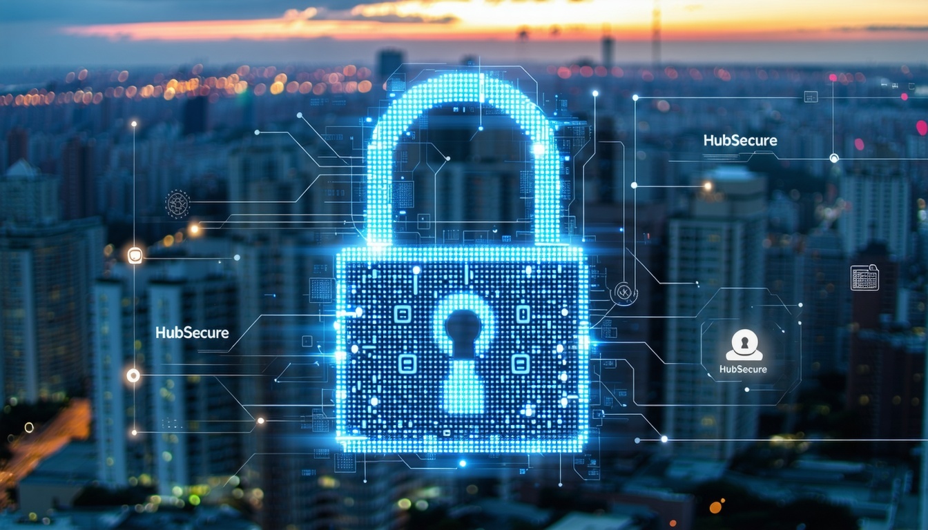 A digital lock symbolizing advanced security solutions with a business cityscape in the background representing HubSecures comprehensive protection A digital lock symbolizing advanced security solutions with a business cityscape in the background representing HubSecures comprehensive protection